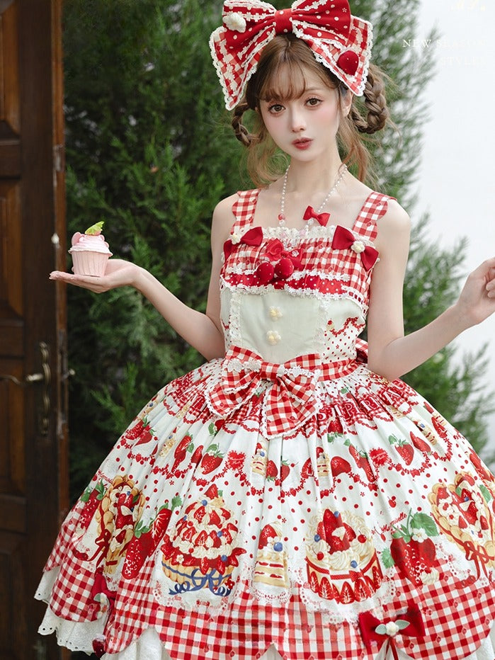 Cake Red Lolita Trim Scalloped Eyelet Strawberry White Dress JSK Print with