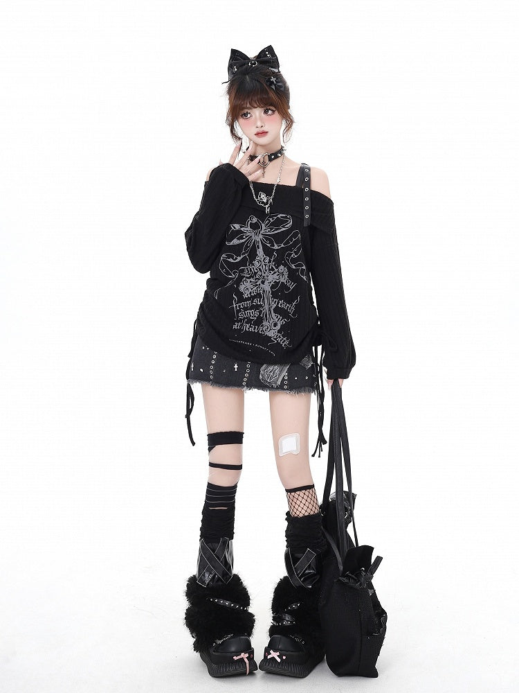 Edgy Bittersweet Black Print Waist Off-Shoulder Top: Drawstring Gray
