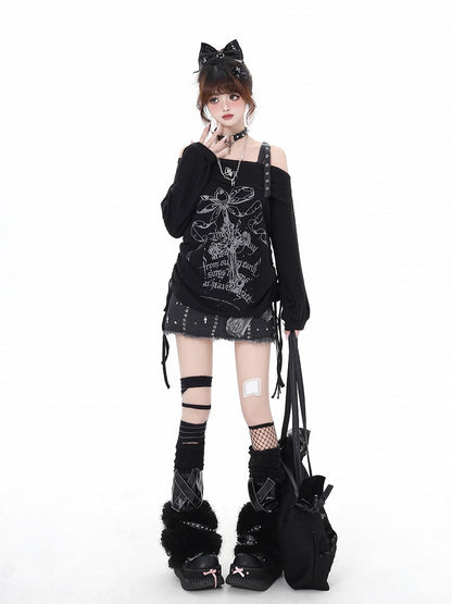 Edgy Bittersweet Black Print Waist Off-Shoulder Top: Drawstring Gray