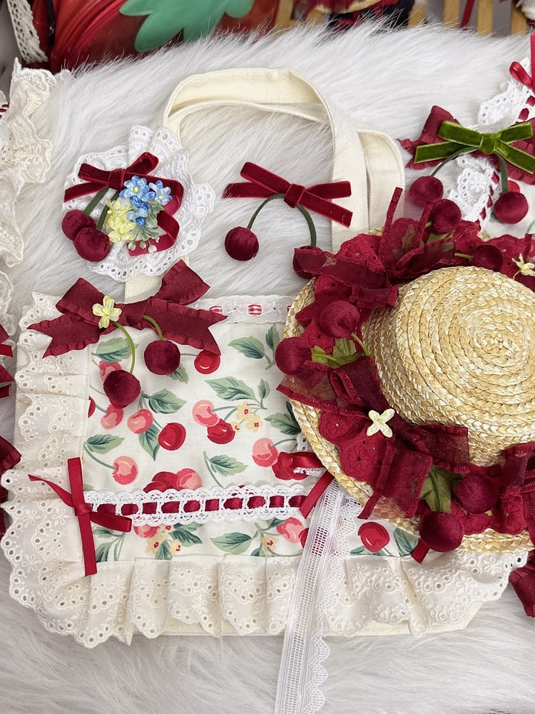 Trim Canvas Print Lolita Lace Cherry Sweet Handbag