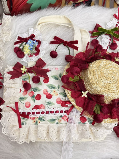 Trim Canvas Print Lolita Lace Cherry Sweet Handbag