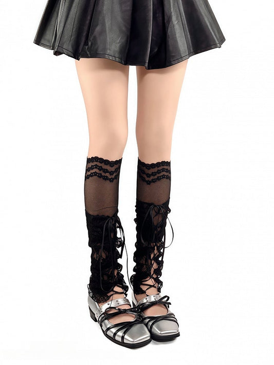 with Strappy White Ruffle Design Black Leg Lace Decoration / Warmers