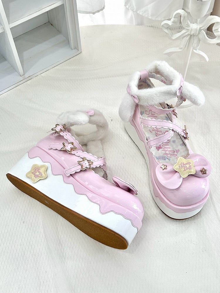 Strap with Pink Lolita - PU Detachable Sweet Puppy Mary Plush Ear Platform Janes Velcro Starry Ankle Theme