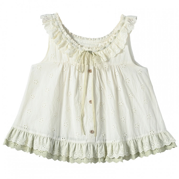 Tanktop mit Ausschnitt, zum Selbstbinden, flatternde Ärmel, gestuft am Träger, grün mit Rüschen, Cutton