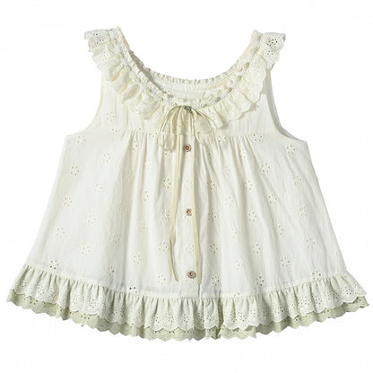 Tanktop mit Ausschnitt, zum Selbstbinden, flatternde Ärmel, gestuft am Träger, grün mit Rüschen, Cutton