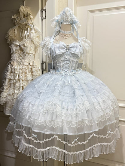 Rhinestone JSK Lolita / Details Bows Lace Blue with Overlay Full Hanayome-Style Elegant + Set Dress Multi-Layer