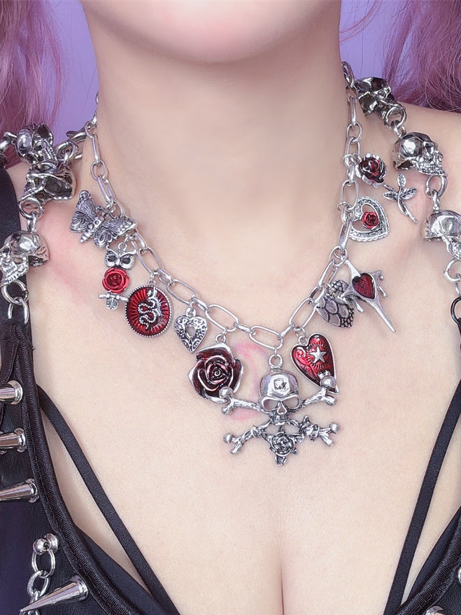 Optionen Blumen und 3 Skelett Y2K Halskette Herz Anhänger