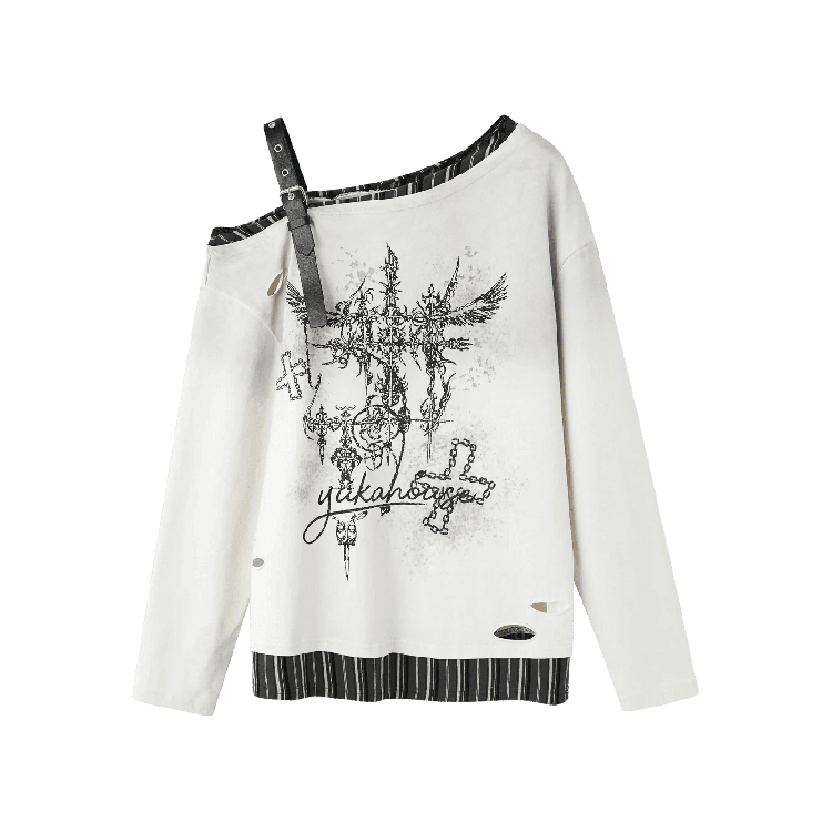 Y2K Apricot Asymmetrical Neckline Buckle Strap Glamorous Graphic Top