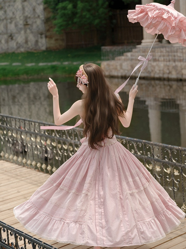 Pink Sleeveless Lace Top with Floral Belt and Skirt - Penny House