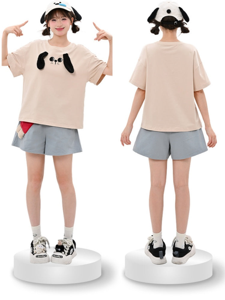 T-Shirt Plüsch Welpenohren Locker Beige Rundhals