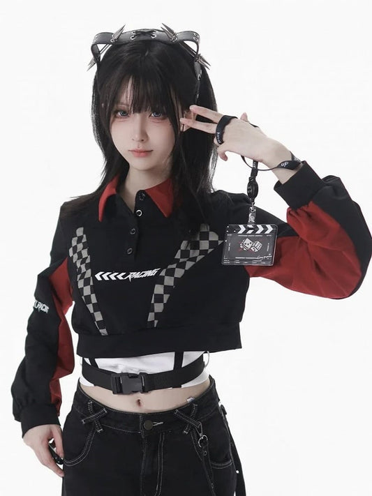 Futuristic Red Cropped Black Checked Color-Block Camisole Sweatshirt Techwear with