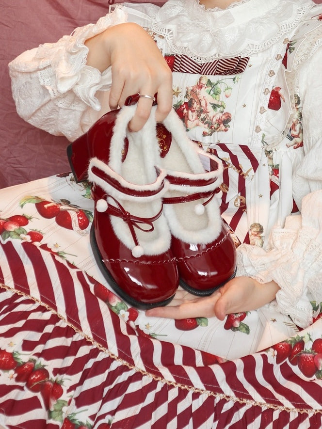 Lining Mary Bow - Sweet Pompom Lolita PU Plush with Wine Janes Mid-heel Accented Red