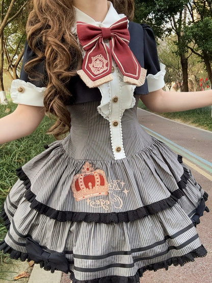 Monochrome Preppy Striped Two-Piece Gown with Crown Embroidery - Fairy Faith