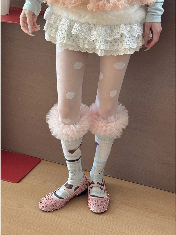 Socks Tulle Sweet Ruffle Pattern Heart Pink with Trim Calf