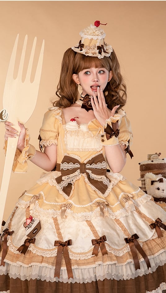 Puff Lolita Yellow and Square Neckline Bowknot Sweet Sleeves Details Dress