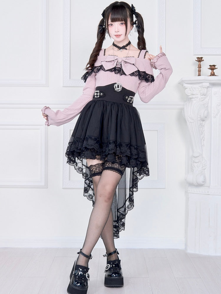 Kei Off-Shoulder Jirai Black High-Low Pink Dress: Skirt Two-Piece Faux Hem