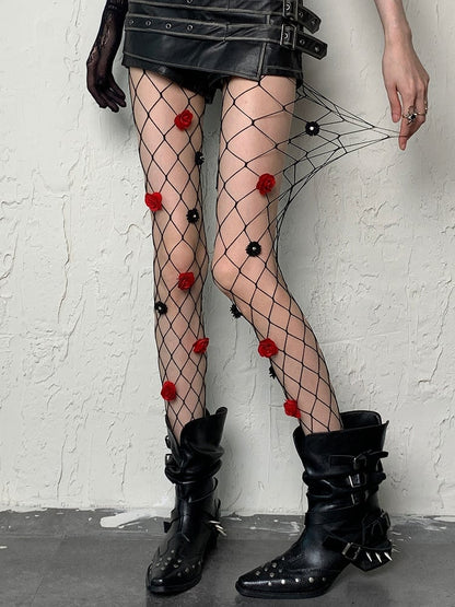 Tights Floral Black Fishnet Details Y2K