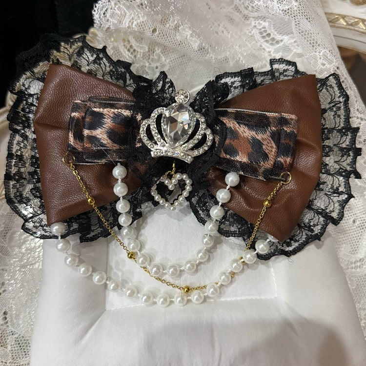 Strass Haarspange Perlen Spitze Muster Trim Bowknot Schwarzbraun Krone Verziert Charme Leopard
