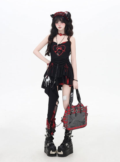 Cami Kleid Rock Rot und Schwarz Plaid Kordelzug Taille Taschentuch Saum Stufen