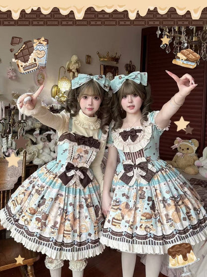 Mint Green Sweet Lolita JSK Dress with Kitty & Chocolate Print - Poetry of Dolls