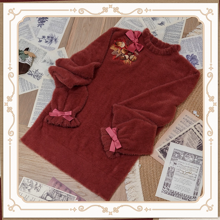 Leaf Embroidery Maple on Red Autumn Top Bowknot Brick Cuffs Knit Neckline