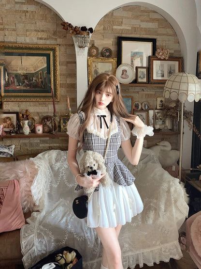 Dress Pattern Plaid Black Faux White Two-Piece With