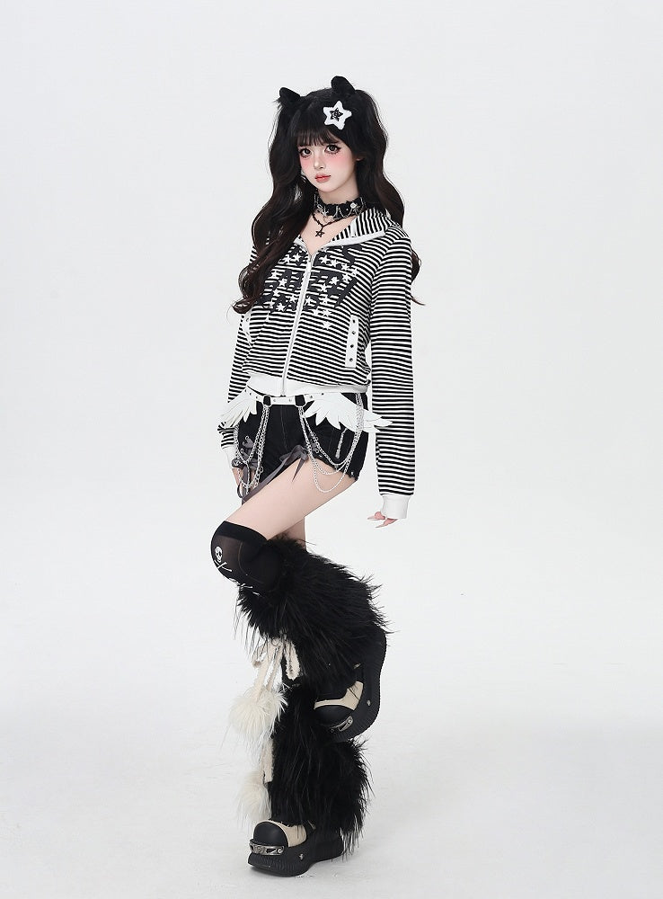 Letter White and Stripes Star Black Print Zip-up Jacket