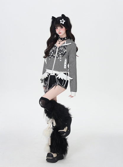 Letter White and Stripes Star Black Print Zip-up Jacket