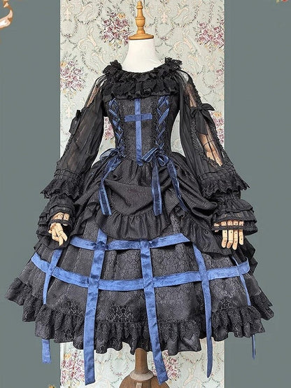 Cross JSK Accents with Gothic Black Birdcage Lolita and Blue Dress