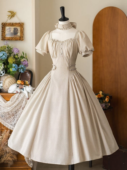 Vintage Kleid Mode Ärmel Khaki Puff Quadrat Gestreiften Ausschnitt Licht Retro Stoff