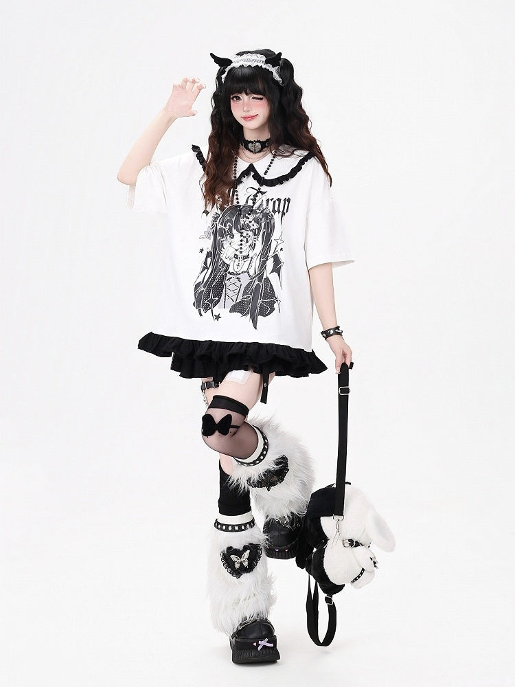 Anime Girl Print White Peter Pan Collar Short Sleeve T-Shirt with Ruffle Hem - CRAZY GIRL