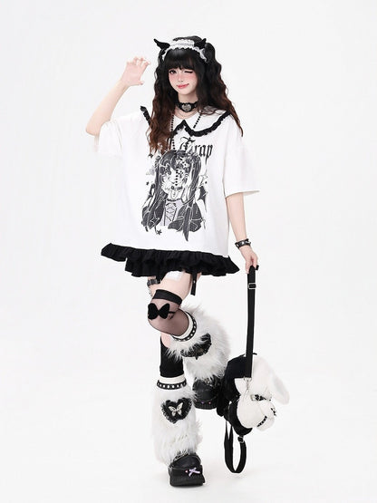 Anime Girl Print White Peter Pan Collar Short Sleeve T-Shirt with Ruffle Hem - CRAZY GIRL