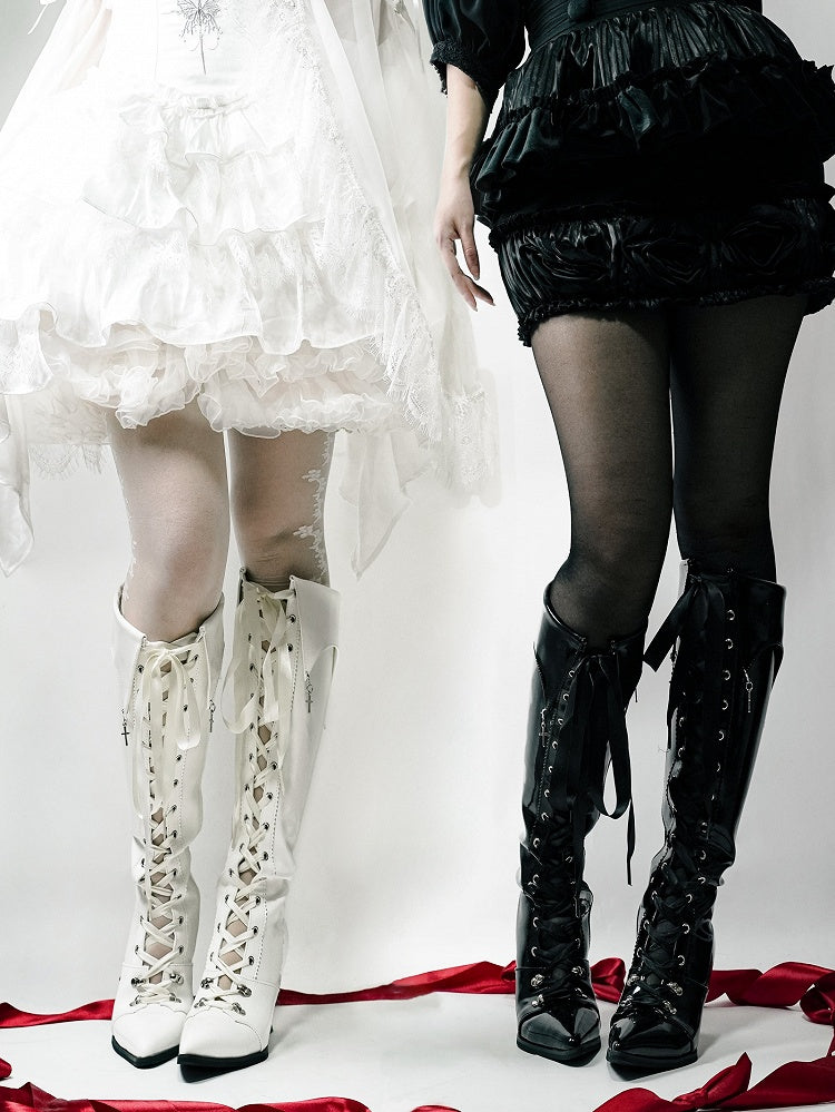 Cross Polished Design Gothic - Fold-Over Boots with Black Detachable Pointed Toe Cuff Charm Knee-High