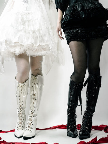 Cross Polished Design Gothic - Fold-Over Boots with Black Detachable Pointed Toe Cuff Charm Knee-High