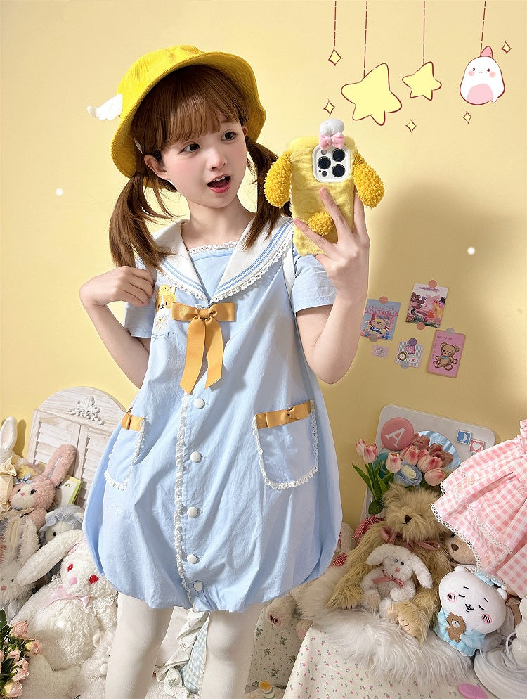 Light Blue Sailor Collar Corgi Bubble Skirt Dress