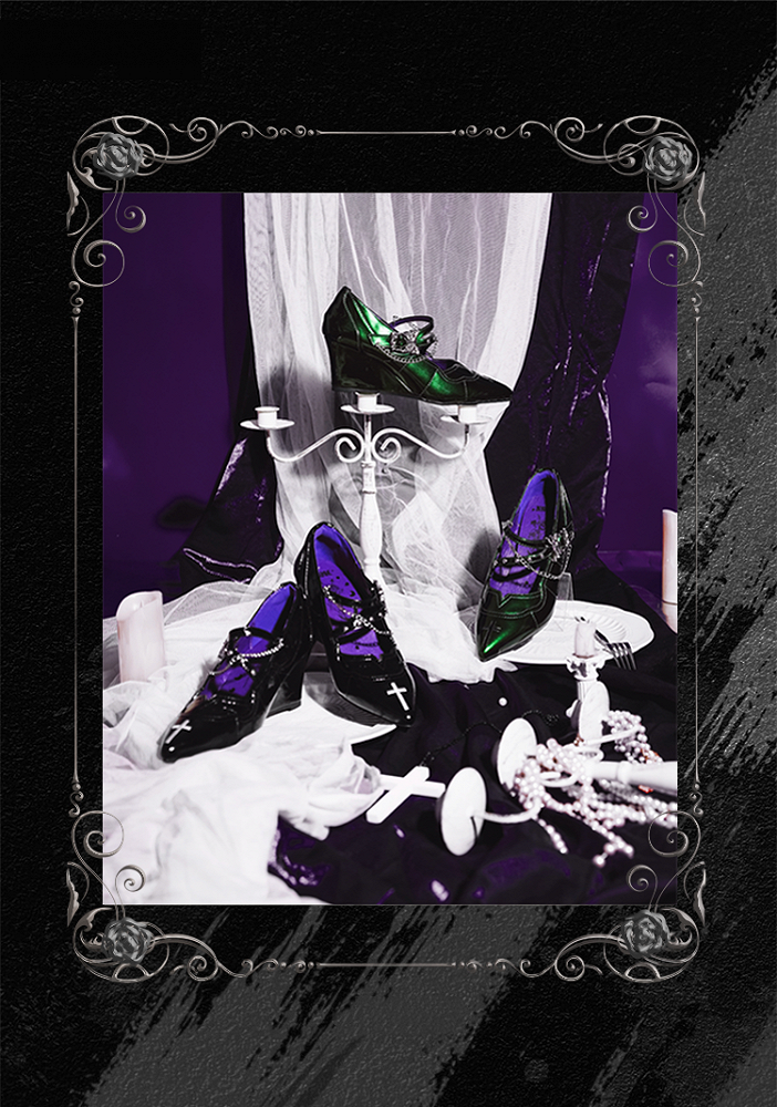 Pointed Toe Green 7cm Mary Heel Chunky Gothic in Cross Jane Subculture Embroidery Shoes with