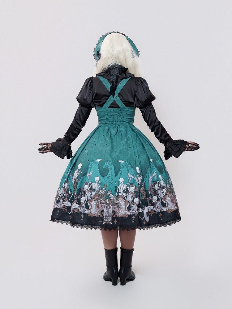 Green Skeleton Cross Gothic Lace Dress - NnSTAR
