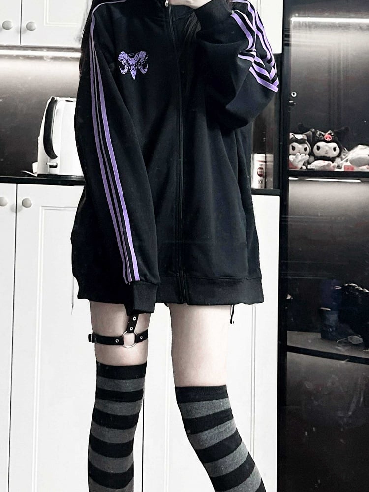 Jacket Print Gothic Jirai Cross Purple Long-Sleeve Kei Black