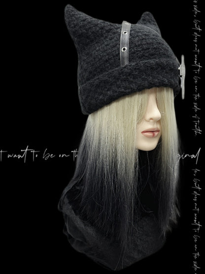 Straps Accent Beanie Design Criss-cross Glamorous Cross Punk Black Cat Ears