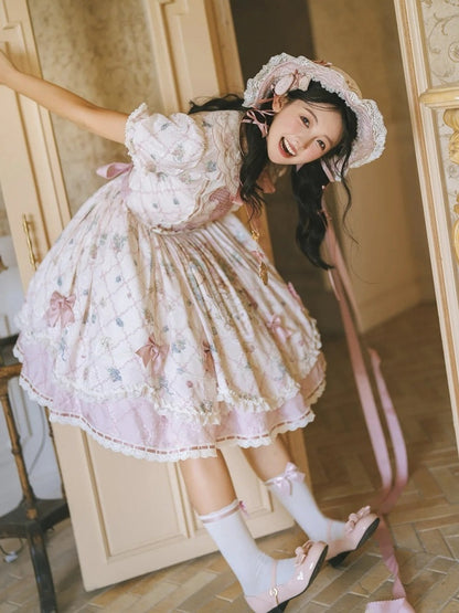 Sweet Lolita OP Dress Set with Puff Sleeves, Bear Print and Floral Embroidery - Treasure House