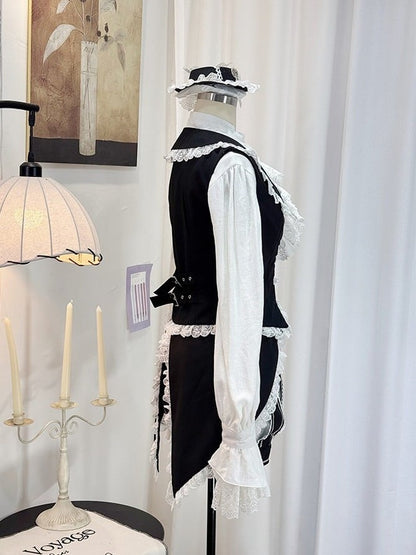 Black Tailcoat Waistcoat with White Lace Trims - Castle Too