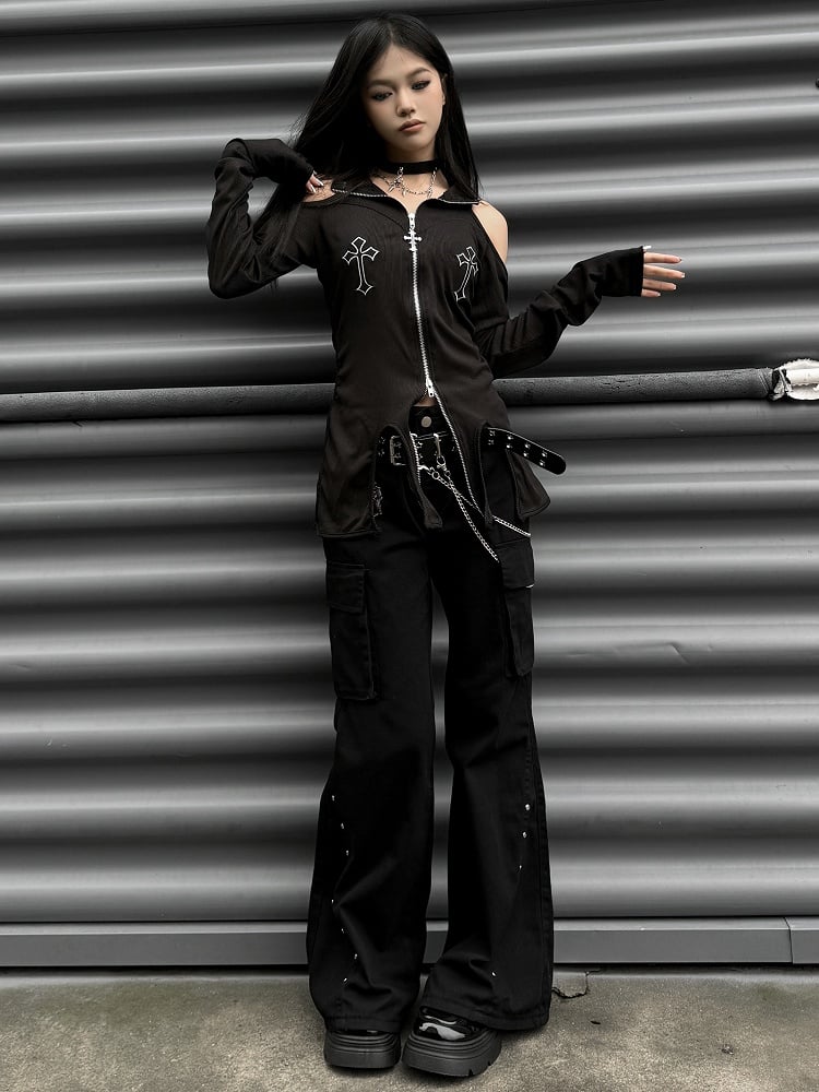 Punk Black Letter Patch Cargo Pockets Low Waist Fishtail Pants mit Gürtel