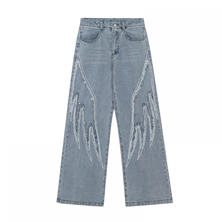 Vintage Wide-leg Jeans Light Blue Rise Wings Embroidery Applique Low
