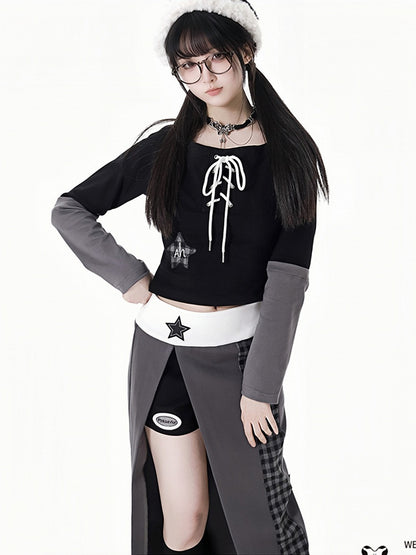 Schwarzes Top mit schulterfreiem Ausschnitt, Stern-Applikation und Schnürdetail