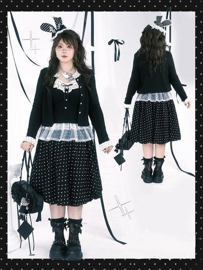 White Below-Knee Zipper with Side Plus Dots Skirt Black Size Polka