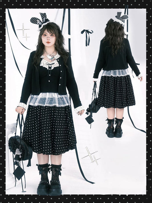 White Below-Knee Zipper with Side Plus Dots Skirt Black Size Polka