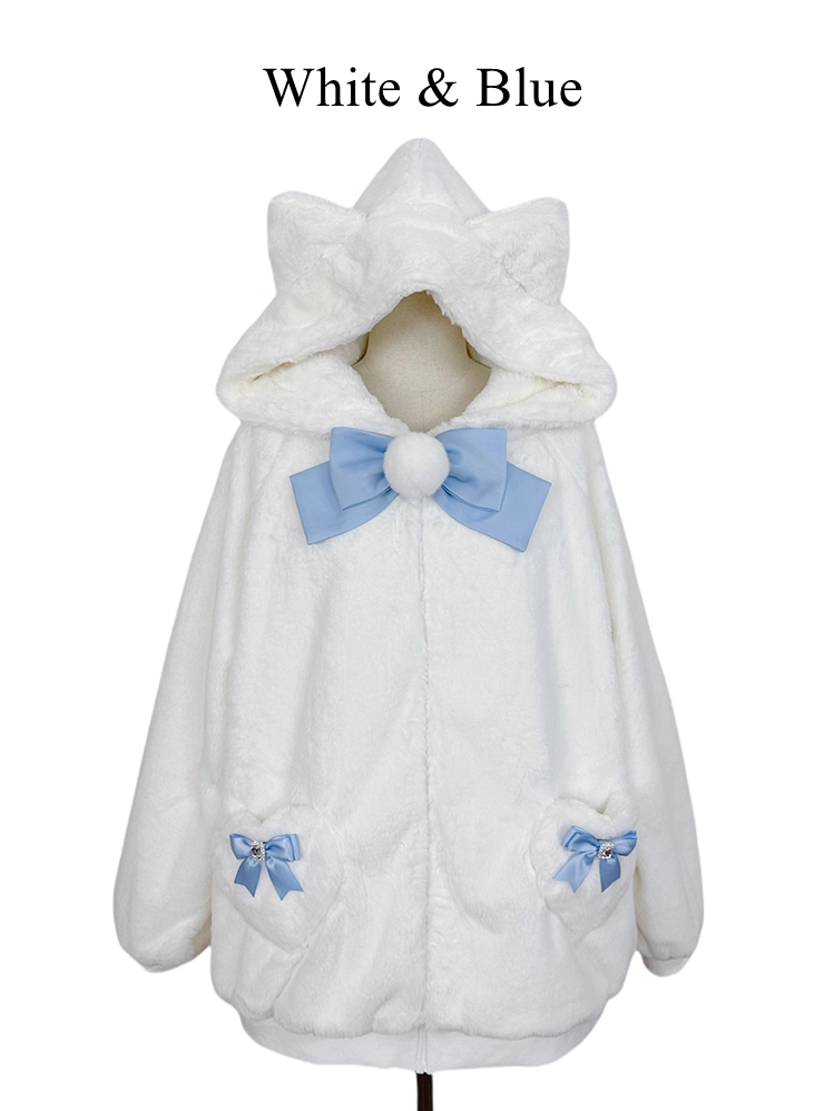 12 Kitty-Ear Jacket Bows Detachable Hooded with Pompom Jirai Available Colors Plush Kei