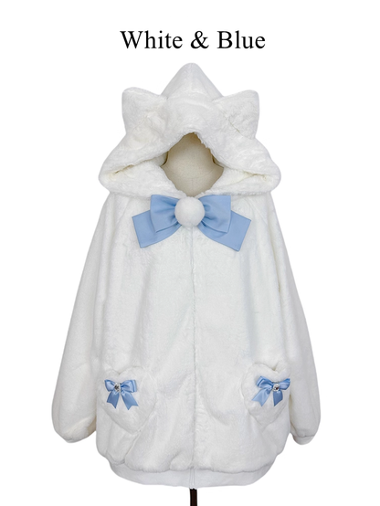 12 Kitty-Ear Jacket Bows Detachable Hooded with Pompom Jirai Available Colors Plush Kei