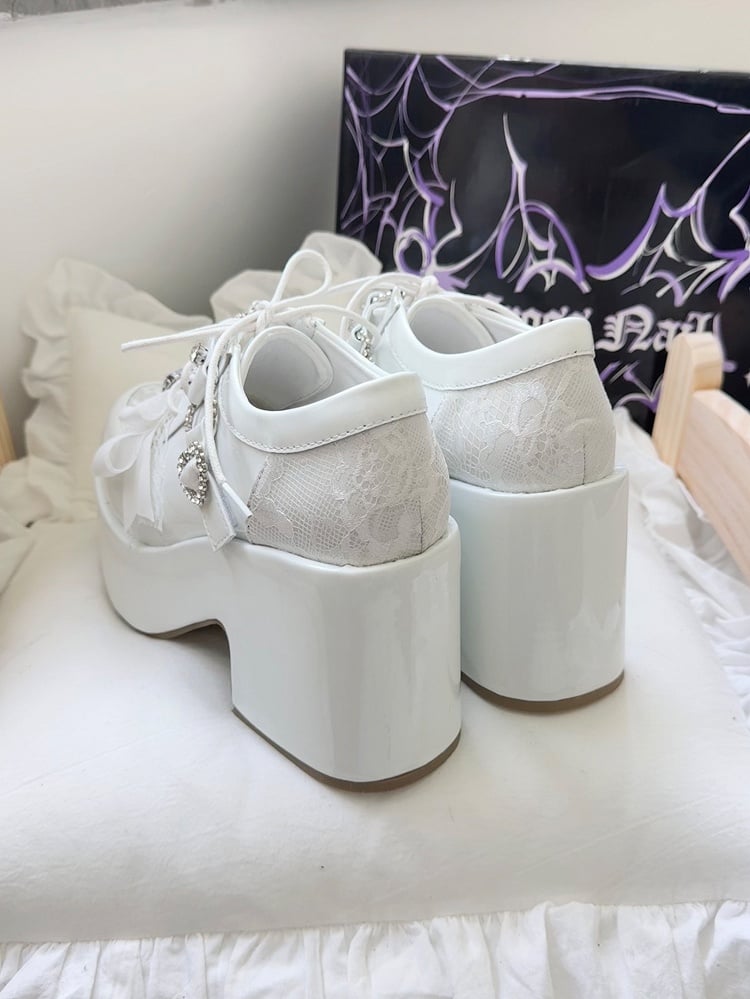 with Heart Bow Cross Mary Embroidery Jirai - Toe Heel Platform Rhinestone Janes Kei White