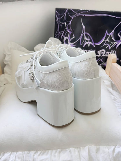 with Heart Bow Cross Mary Embroidery Jirai - Toe Heel Platform Rhinestone Janes Kei White